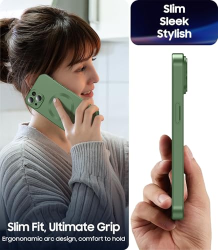Image of DIZORO Magnetic Case for iPhone 14 Cover [Compatible with MagSafe][Built-in Camera Lens Protector] Slim Soft Silicone Bumper Shockproof Metallic Luster Back Cover Phone Cases (Green)