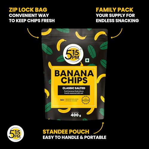 Image of 5:15PM Kerala Banana Chips 400gm Packet - Crispy Yellow Baked Banana chips Wafers | Classic Salted Flavour (Pack of 3)
