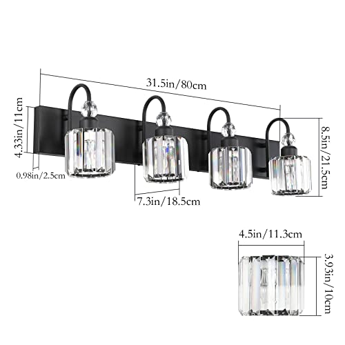 Image of Ralbay Modern Black Vanity Light - 4-Light Crystal Bathroom Wall Light Fixtures in Matte Black