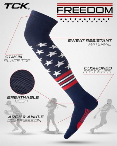 Image of TCK USA Made Over Knee Baseball Socks & Softball Socks Youth Boys, Girls, Adult - American Flag Patriotic Stars & Stripes