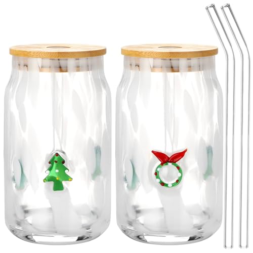 Potchen 2 Pcs Christmas Icon Glass Cups 16.9 oz Tree Wreath Glass Cups with Lids and Straws Drinking Glasses Set for Christmas Holiday Gifts Party Home Decor Lovely Gifts