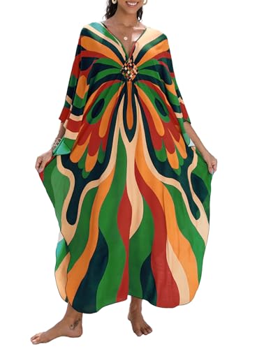 Image of Yanziliu Kaftan Dress for Women,Plus Size Hawaiian Batwing Sleeve Beach Cover Up Summer Swimsuit Dresses