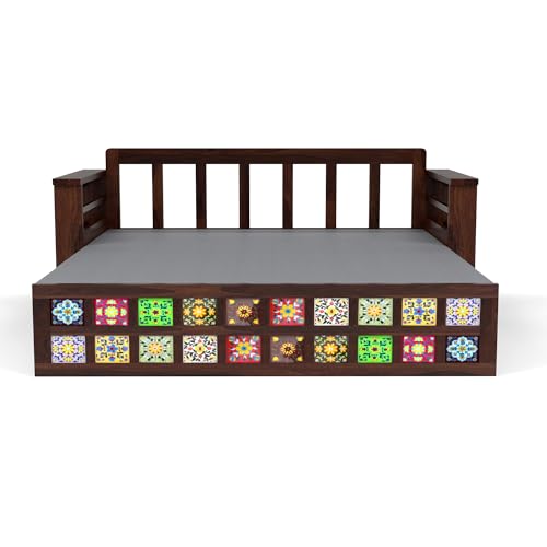 Image of Solid Sheesham Wood Sofa Cumss Bed with Storage & Handcrafted Ceramic Tile Design | Rosewood Sofa Bed with Cushions for Living Room & Bedroom (Walnut Finish)