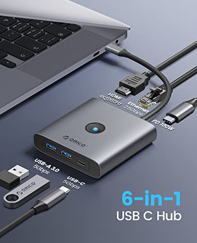 Orico 6-In-1 Usb C Hub With 4K@60Hz Hdmi, 2.5G Ethernet, 2 Usb-A (5Gbps), 1 Usb-C (5Gbps), 100W Pd Charging - High-Speed Docking Station For Superior Connectivity On Type C Devices #TOP1