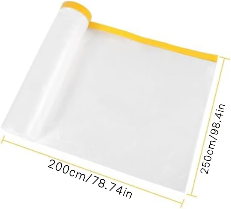 3 Pcs Pre-Taped Masking Film，Self-Adhesive Dust Sheets Versatile Painter's Plastic Drop Cloth for Auto Wall Furniture Painting and Spraying Protection(200cmx250cm)