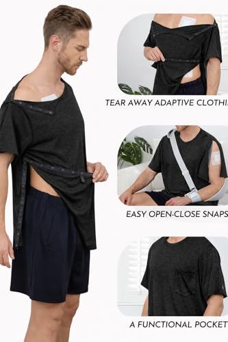 Image of Post Shoulder Surgery Shirts for Men Tear Away Recovery Short Sleeve Full Open Side Snap Chemo Adaptive Shirt