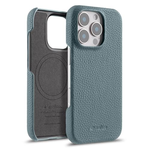 Coque iPhone 16 Pro compatible MagSafe et protection cuir fin cyan