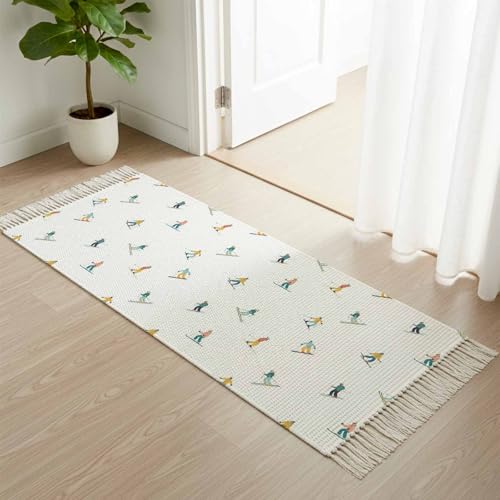 Skiing 2'x5' Tassel Area Rug, Farmhouse Hallway Runner Rugs, Winter