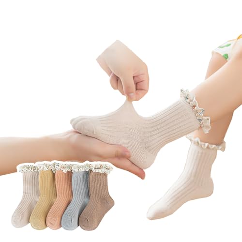 5 Pairs Kid Girls Ruffle Crew Socks Casual Comfy Frilly Ankle Socks Cute Toddler Lightweight Dress Socks