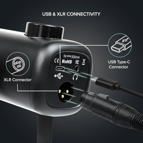 Image of Kadence K777 USB /XLR Dynamic Microphone | Podcast, Gaming & Streaming Mic with RGB Lighting, Noise Reduction, Mute Button, Gain Control & Monitoring | Includes Boom Arm & Desk Stand | Black