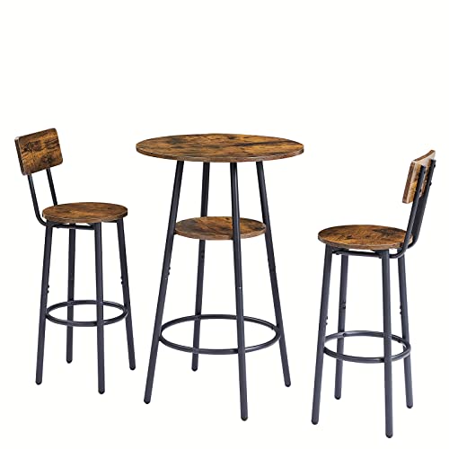 Kivenjaja Bar Table And Chair Set For 2, 3 Piece 2-Tier Small Round Pub Table & Stools With Backrest, Counter Height High Top Bistro Set For Kitchen Dining Room Breakfast Nook, Rustic Brown #TOP1