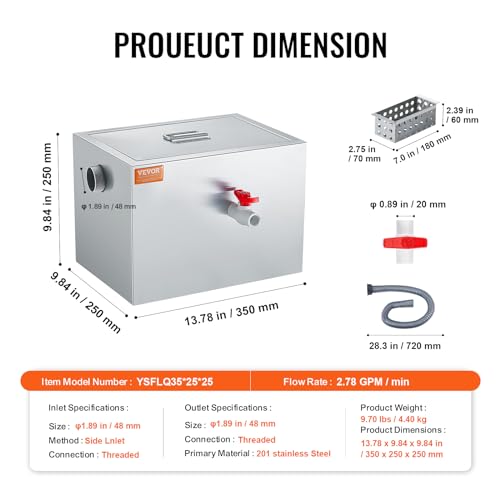 Vevor YSFLQ352525 Commercial Grease Trap, 8 Lbs Grease Interceptor, Side Inlet Interceptor, Under Sink Stainless Steel Grease Trap, 2.8 Gpm Waste Water Oil-Water Separator, For Restaurant Canteen Home Kitchen thumb #6