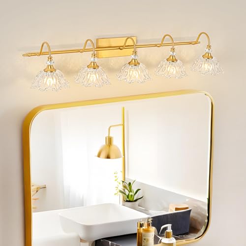 Image of Gold Bathroom Vanity Light, 5-Light Brushed Gold Finish Vanity Light with Floral Clear Glass Shades, Vintage Wall Mount Lighting for Bathroom, Dressing Table