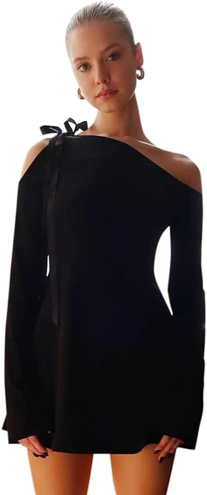 XFSRG Vestido Sexy Mujer Manga Larga Mini Vestidos con Hombro Descubierto Elegante Bodycon Dress Corto Slim Fit Elástico para Cóctel Fiesta Partido Playa Club(XL)