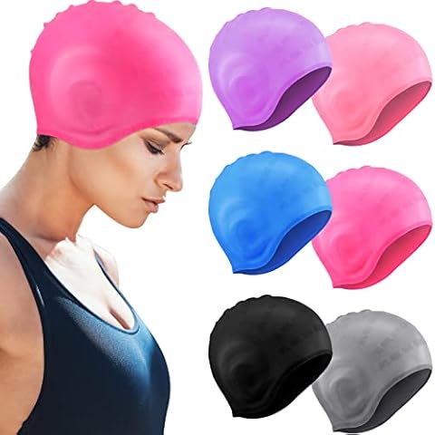 6 Packs Unisex Swim Caps Silicone Swimming Hats Bathing Caps for Women Swimming to Keep Hair Dry Swimcaps for Girls Short Long Hair Swimming Accessories Ear Protection (Solid Color,Classic Style) Cover