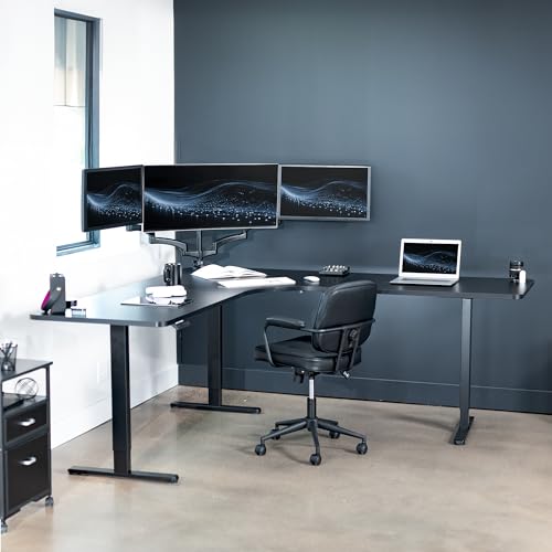 Image of VIVO Black 83 x 83 in Corner Standing Desk, DESK-KIT-E3CB83B | Electric, Triple Motor, Holds 264 lbs, Sit Stand L-Shaped Table, Height Adjustable, Memory Presets, E3C Series, Black Frame
