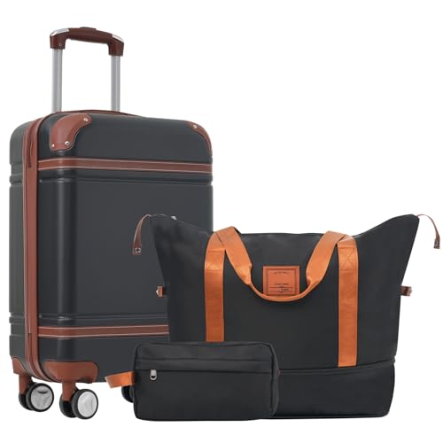 Hardshell Luggage Set, 3 Piece, Carry-on Suitcase, Double Spinner Wheels, TSA Lock, 20 in (Black)