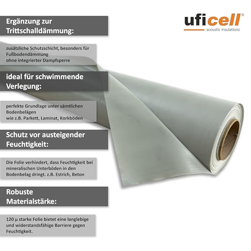 uficell Aqua-Stopp Baufolie, Estrichfolie, PE-Folie, Dampfsperre - 0,12 mm Stark - unter Laminat-/Parkettböden bei erhöhter Restfeuchte bzw. Einsatz einer Warmwasser Fußbodenheizung (25 m² (12,5 x 2))