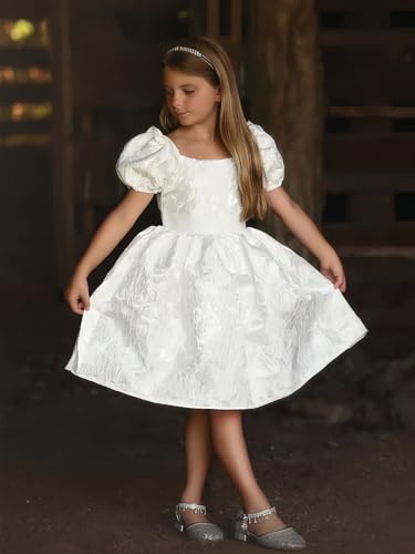 Satin Flower Girl Dress Wedding Puff Sleeves Ball Gowns Round Neck Knee Length First Communion Elegant Dresses2