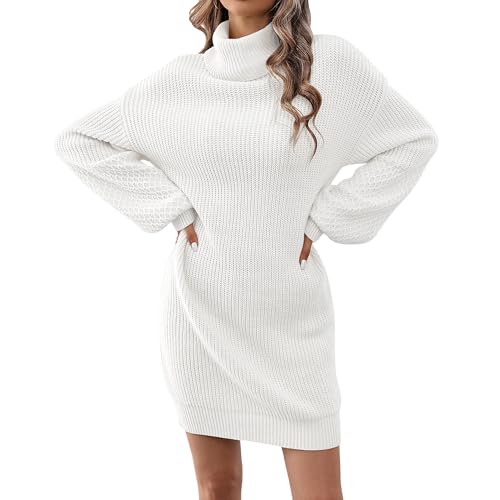 Image of Women's Turtleneck Textured Lantern Sleeve Ribbed Knit Mini Dress Pullover Oversized Sweater Dresses S-XL