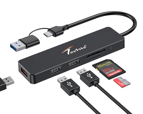 Image of Techie USB-C to USB-A 3.2 Hub with 2x USB 2.0 Ports and SD /TF Card Reader Dual Input Adapter for MacBook, iPad Pro, Windows, Laptops and Tablets (Black)