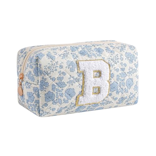 Gleyemor Personalized Initial Makeup Bag for Women, Cute Quilted Blue Floral Cotton Cosmetic Bag, Christmas Gifts for Her Mom Friend Sister Bridesmaid Teacher Women B