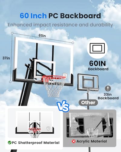 IGL Basketball Hoop Outdoor, 60 Inch PC Backboard, 7.5-10 FT Quick Height Adjustable Basketball Hoop & Goals, Portable Basketball Goal, Reinforced and Thickened Square Tube Iron Steel (60 Rock Square)