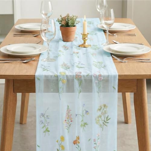 Artoid Mode Wildflower Floral Sky Blue Gauze Embroidery Table Runner 120 Inch 10FT, Tulle Seasonal Spring Kitchen Dining Table Decor for Home Party by Artoid Mode - Used condition - Image 3