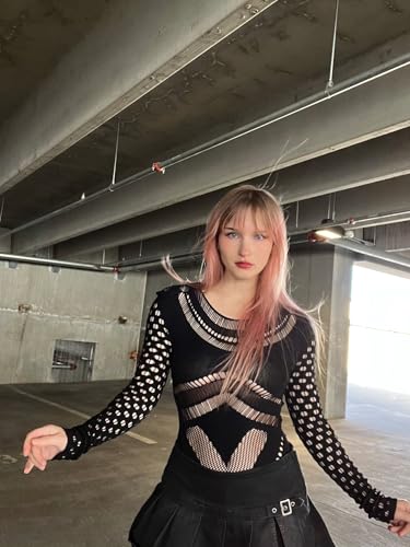 Long Sleeve Mesh Bodysuit for Women | Going Out Tops Shapewear Bodysuit Sexy Clubwear Goth Clothes Rave Outfits for Women (Black, One Size)4