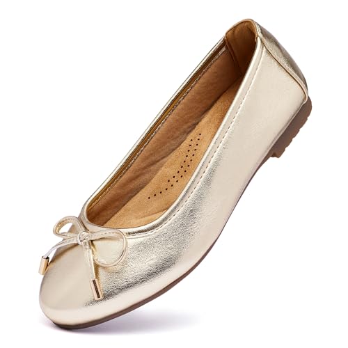 Gasfly Womens Comfortable Ballet Bow Dressy Flats Round Toe Slip On Foldable Flats Dress Work Shoes for Business Casual Office Gold