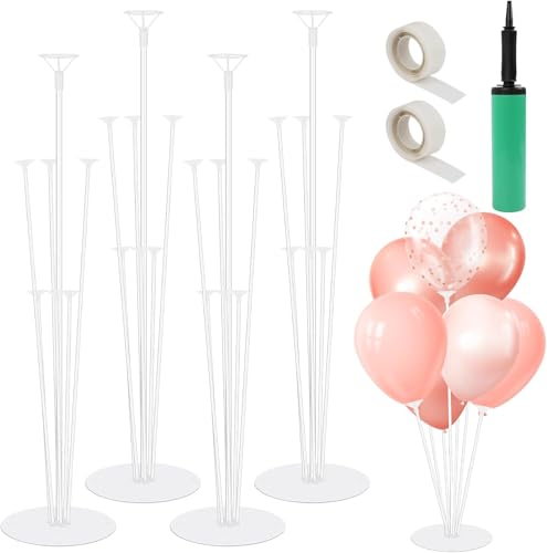 4 conjuntos de balões de aniversário, suporte de balões de pé alto para o chão transparente suporte para balões, bastões para balões com bases, bomba, autocolantes de pontos para festa, casamento