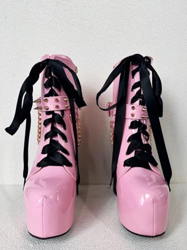 Frankie Hsu Ladies Sexy Chunky Platform Ankle High Heeled Bootie, Cute Lovely Pink Patent Gold Chain Rivets Lollita Goth Boot, Big Large Size US5-19 Shoes For Women Men2