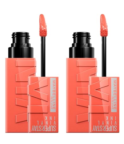 Maybelline Tinta de vinilo SuperStay de Nueva York, color de labios con efecto vinilo brillante y una duración de hasta 16 horas. Fórmula sin decoloración, color dorado 105 – 2 barras de labios con
