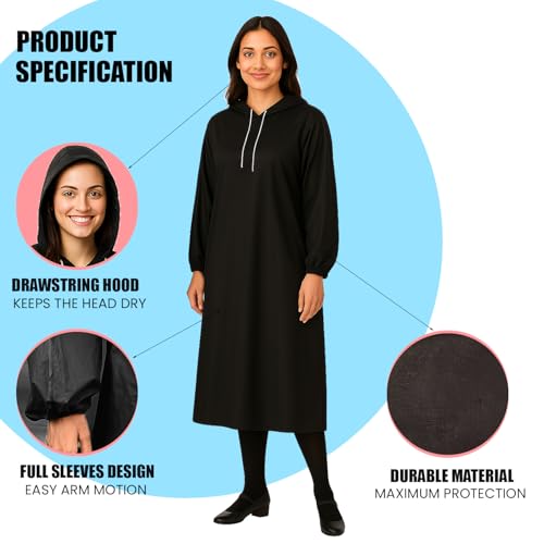 Image of HACER EVA Raincoat 110 GSM with Adjustable Hood Full Sleeves Universal Size Long Length Lightweight Waterproof Outdoor Rainwear for Camping Trekking Hiking Men & Women (Pack of 1, Black)