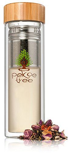 Pekoe Tree Tea Tumbler - Naturally Infuse Water with Delicious Loose Leaf Tea, Fruit & Juice - Comes with Bonus Gift Soft Neoprene Case - Slim Double Walled Glass Bottle comes w/ No Leak Bamboo Lid