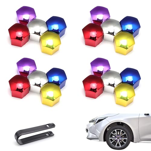 YFaith 20 Piezas Tapones Rueda Coche, Tapa del Perno de la Rueda 17 mm, con Herramienta de Extracción, 5 Colores Cubierta de Tuerca de Neumático, a Prueba de Polvo, Decoración Hexagonal