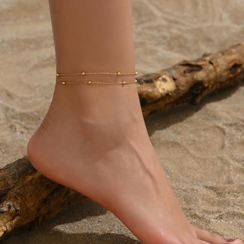 Image of 18K Gold Plated Boho Beaded Anklets for Women Dainty Gold Layered Round Ball Ankle Bracelet Pearl Cross Anklet Bracelet Waterproof Gold Jewelry