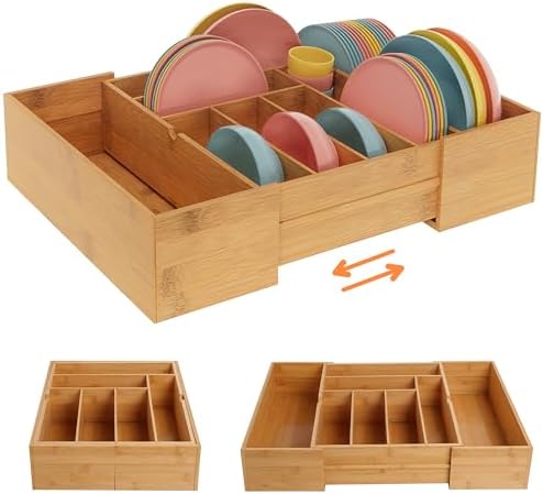 BAMEOS 3.9inch Tall Bamboo Drawer Organizer, Expandable Utensil H...