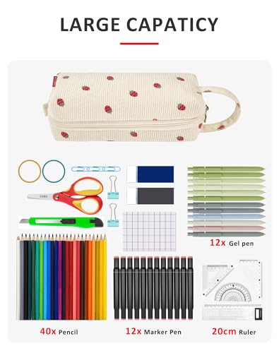 Image of Corduroy Pencil Case Pouch, Office Supplies Gift for Women, Strawberry | Eco-Friendly Fabric, Water-Resistant, Inner Pocket, Carry Handle, for Coworkers Writers Teachers Designers