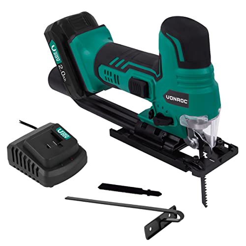VONROC Scie Sauteuse Sans Fil 20V – Poignée Champignon – Vitesse Variable 1000–2300 tr/min – 4 Pendules – Biseau -45°/+45° – LED – Guide Parallèle – Batterie 2.0Ah & Chargeur