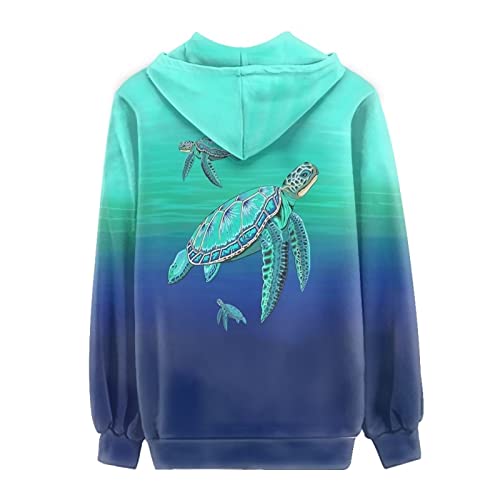 Poceacles Aqua Sea Turtle Hoodies For Women Oversized Long Sleeve Drawstring Drop Shoulder Zip Up Hoodie Jacket Tunic Sweatshirt Open Front Cardigan Coat #TOP2