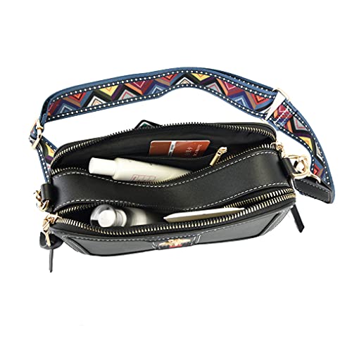 Beatfull Designer Crossbody Bag Bee Shoulder Purse for Women Trendy Wide Strap Camera Clutch PU Leather Handbag, Black, Large