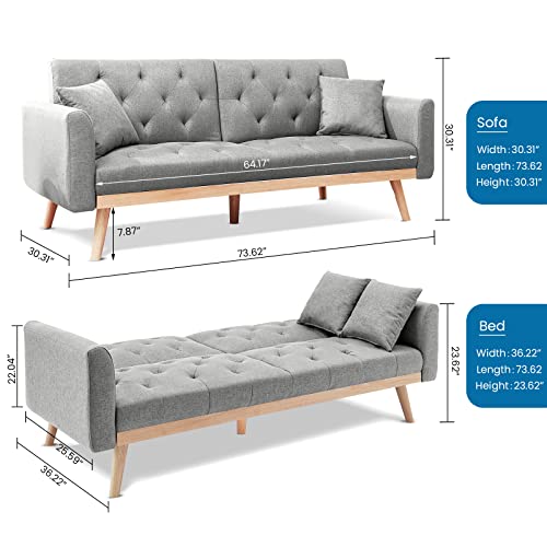 Awqm Convertible Sofa Bed, Fabric Linen Folding Futon Sofa Bed,Upholstered Loveseat Futon Couch Bed,Adjustable Couch Sleeper W/Wood Legs,Pull Out Couch For Small Space, Living Room,Office,Light Grey #TOP2