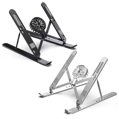 Image of Stand with Cooling Fan Adjustable Aluminum Foldable Riser - Portable Ergonomic Notebook Stand Holder for Desk with 7 Level Height