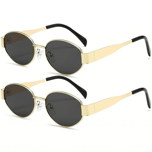 AIEYEZO Polarized Sunglasses for Women Men Retro Oval Sun Glasses Fashion Oval Metal Frames UV400 Protection Lens (Gold/Grey + Gold/Grey)