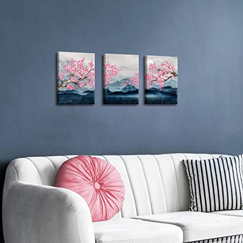 Japanese Wall Art Cherry Blossom Tree Pictures For Wall Decorations Pink Wall Decor Floral Wall Pictures For Bathroom Canvas Art For Bedroom Framed 12X16Inchx3Pcs #TOP3