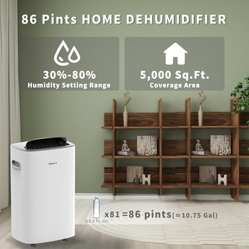 Image of Shinco 86 Pints Dehumidifier for Home and Basements, 5000 Sq.Ft Dehumidifiers with Drain Hose, Auto or Manual Drainage, Auto Defrost, Quietly Remove Moisture, Intelligent Humidity Control, 24HR Timer