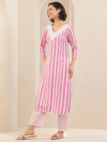 Image of Libas Womens Printed Cotton Straight Kurta With Trousers and Dupatta | daily wear suit