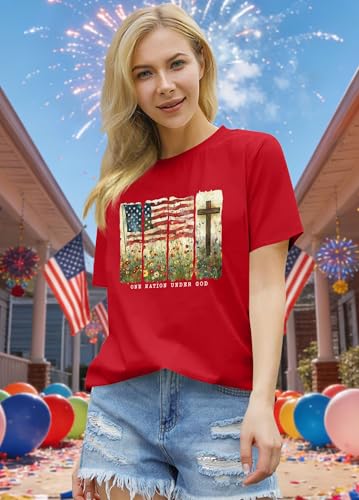 Image of Ithalt Christian Tshirt Womens 4th of July Shirt American Flag T Shirt USA Patriotic Tees Faith Short Sleeve Tops