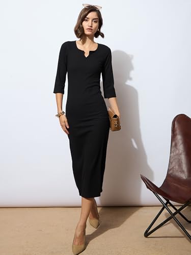 Image of barcino Black Rib Deep V-Neck Ankle Midi Dress